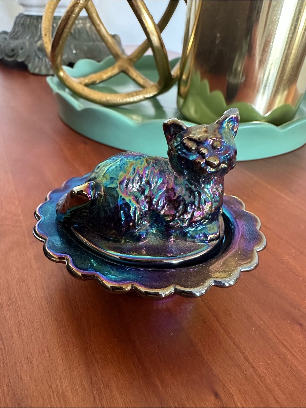 Very Rare Oil Slick Cat on Nest Mosser Glass Salt Cellar
